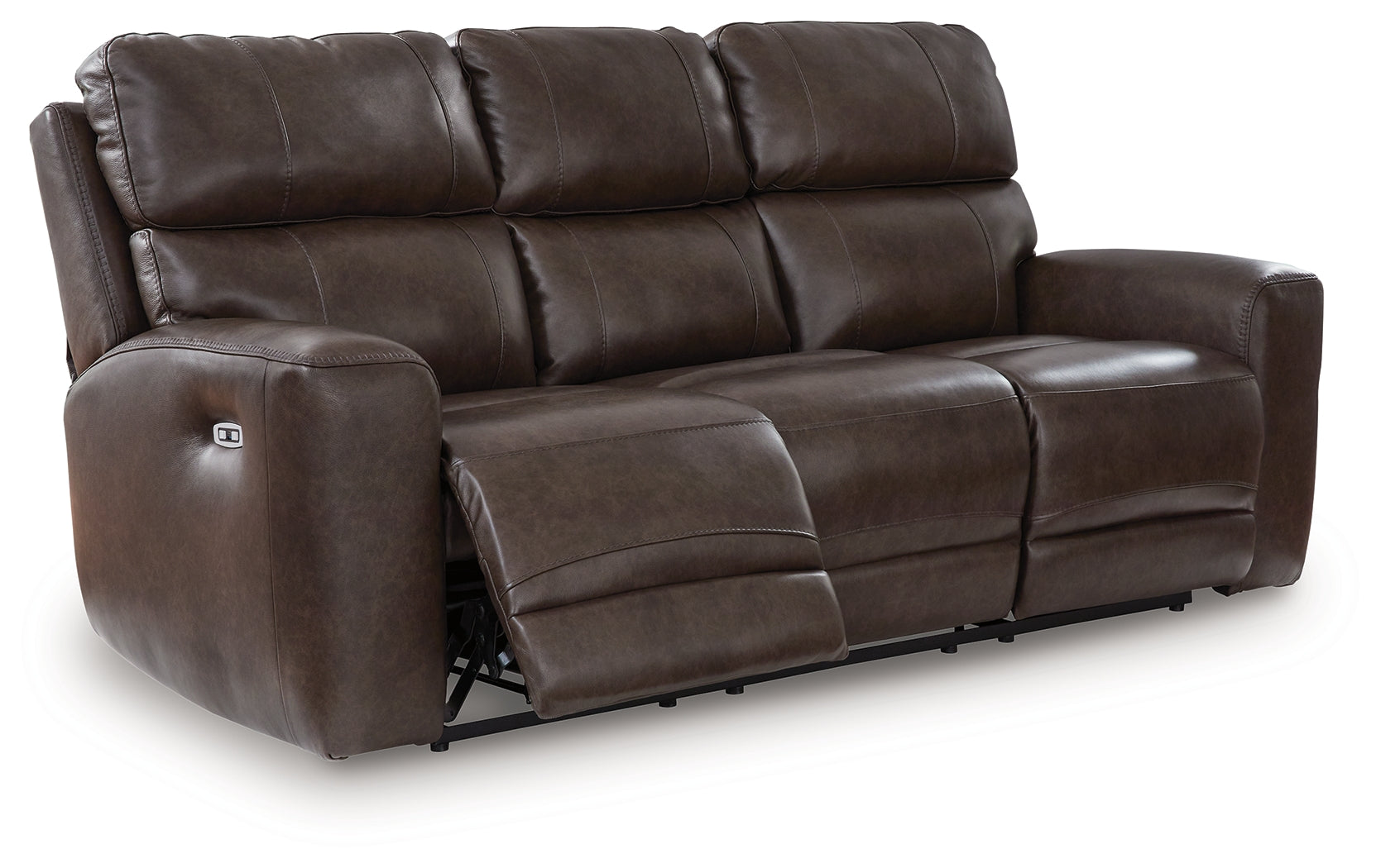 Crossplex Smoke leather power reclining sofa angle showing drop-down table