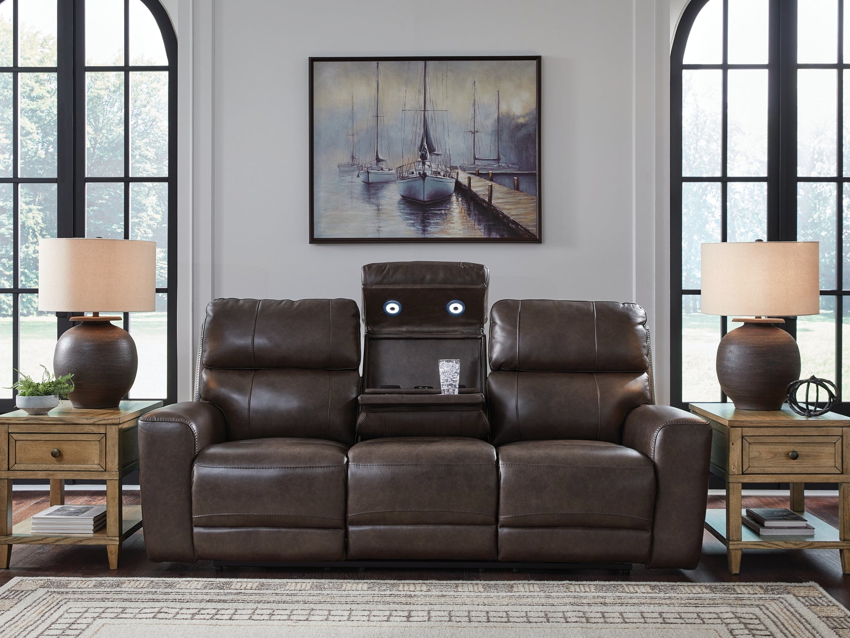 Drop-down table with LED reading lights and cup holders