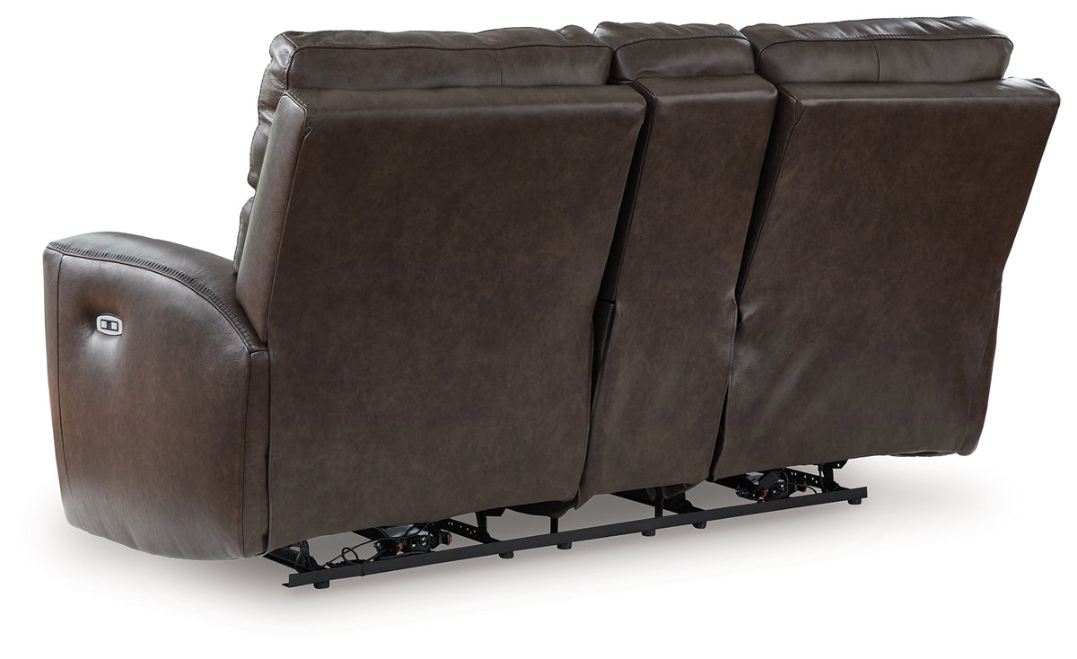 Crossplex loveseat rear view showing frame and upholstery