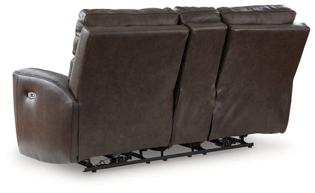 Crossplex loveseat rear view showing frame and upholstery