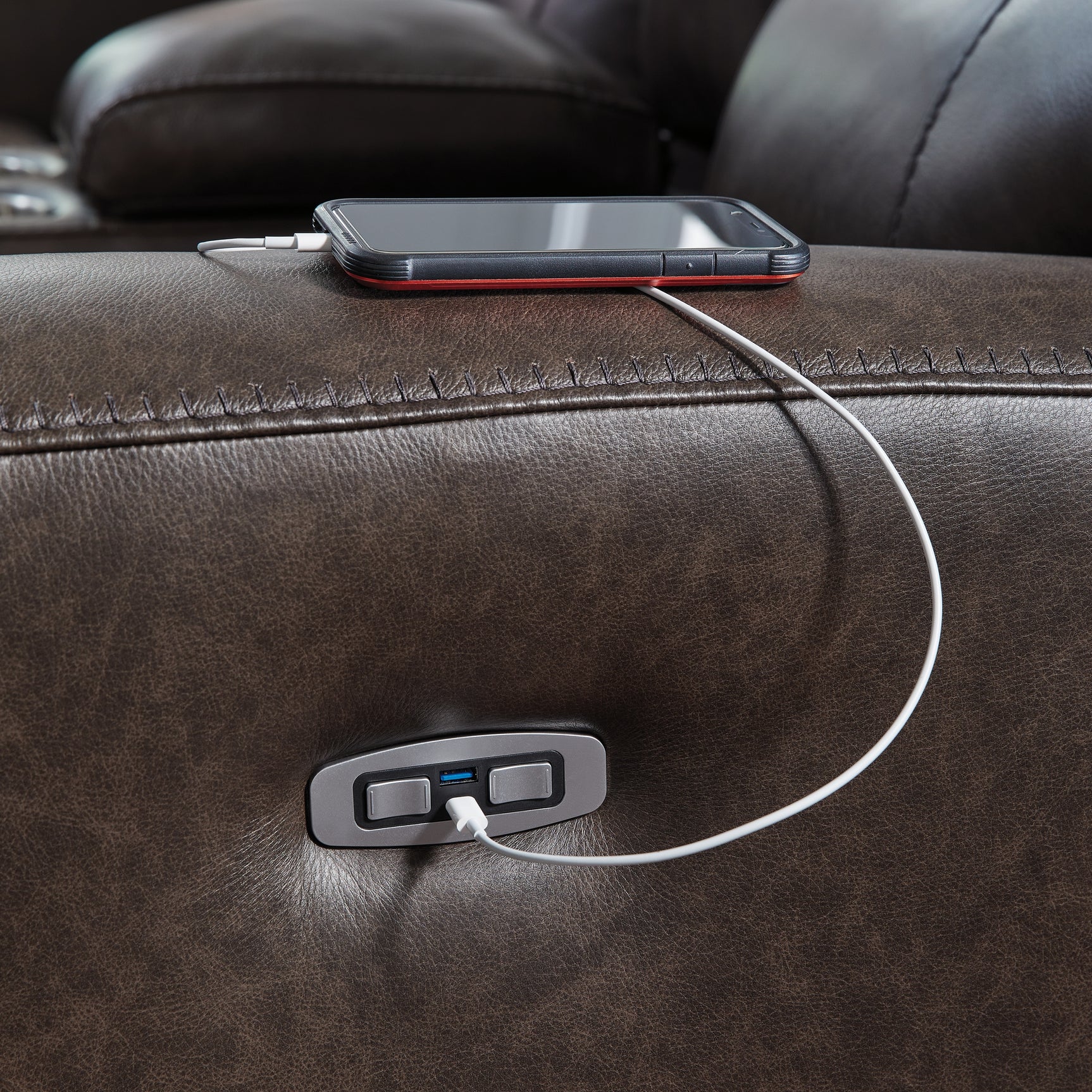Crossplex Smoke Leather Power Recliner stitching and USB port detail