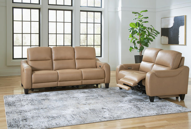 Mosswell Toffee loveseat side view with recliner open