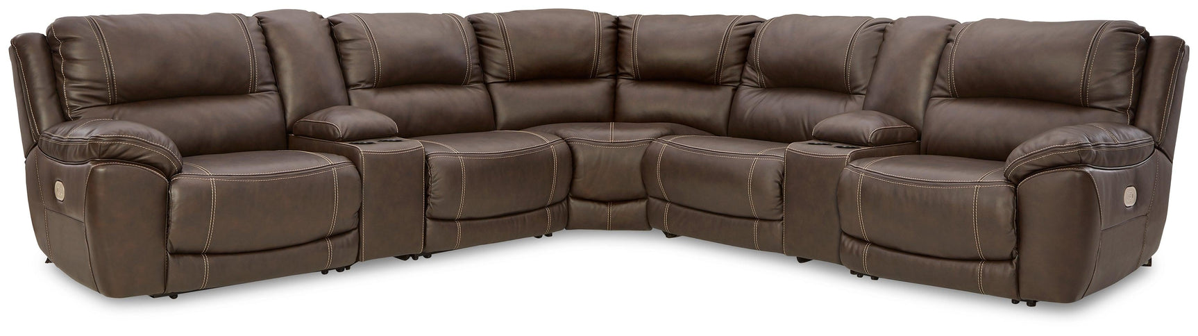 Dunleith Chocolate 7-Piece Power Reclining Sectional in living room setting