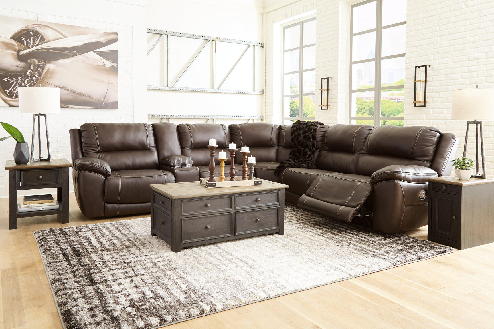 Console piece with storage and cup holders