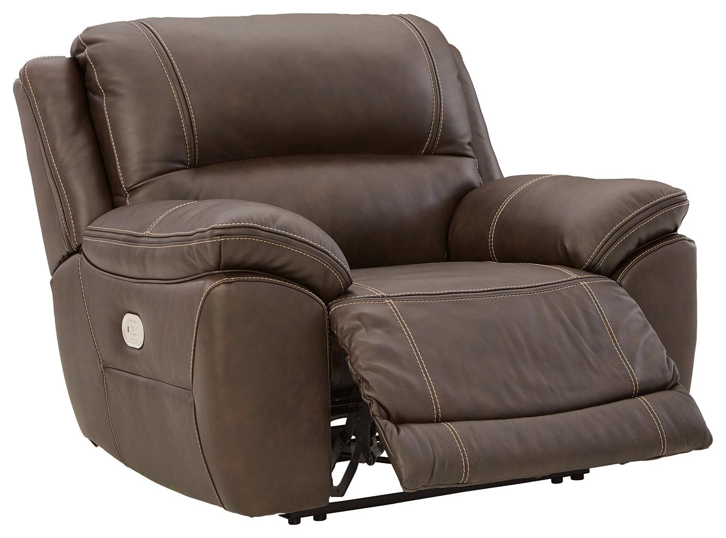 reclining view of Dunleith Chocolate Leather Power Recliner recliner