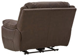 reclining view of Dunleith Chocolate Leather Power Recliner recliner