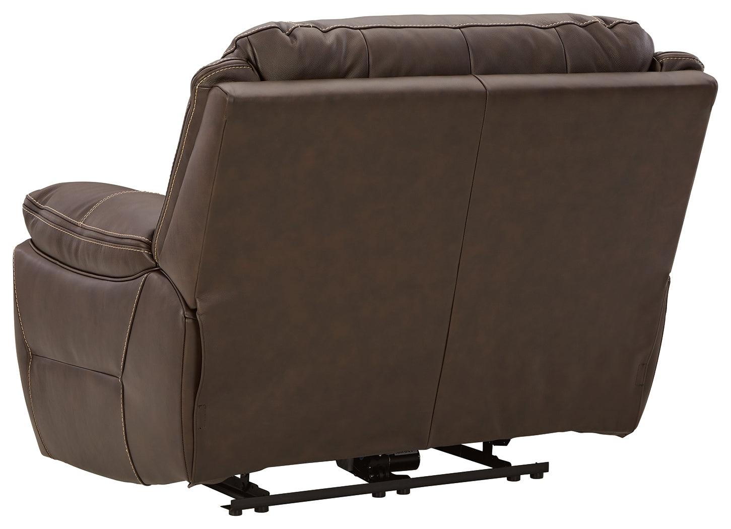 reclining view of Dunleith Chocolate Leather Power Recliner recliner