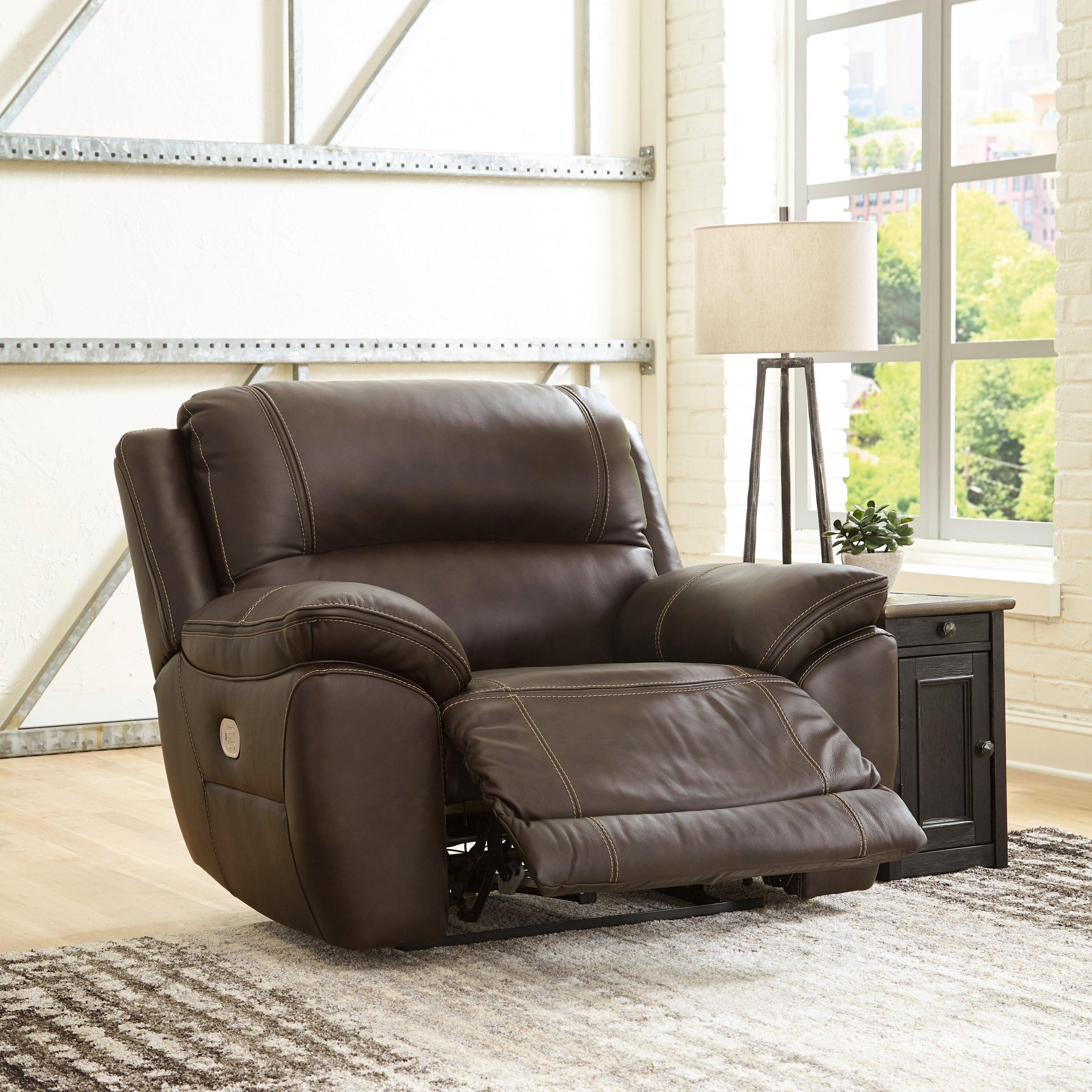 side view of Dunleith Chocolate Leather Power Recliner recliner