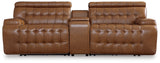 Power reclining sectional loveseat closeup showing leather upholstery and console features