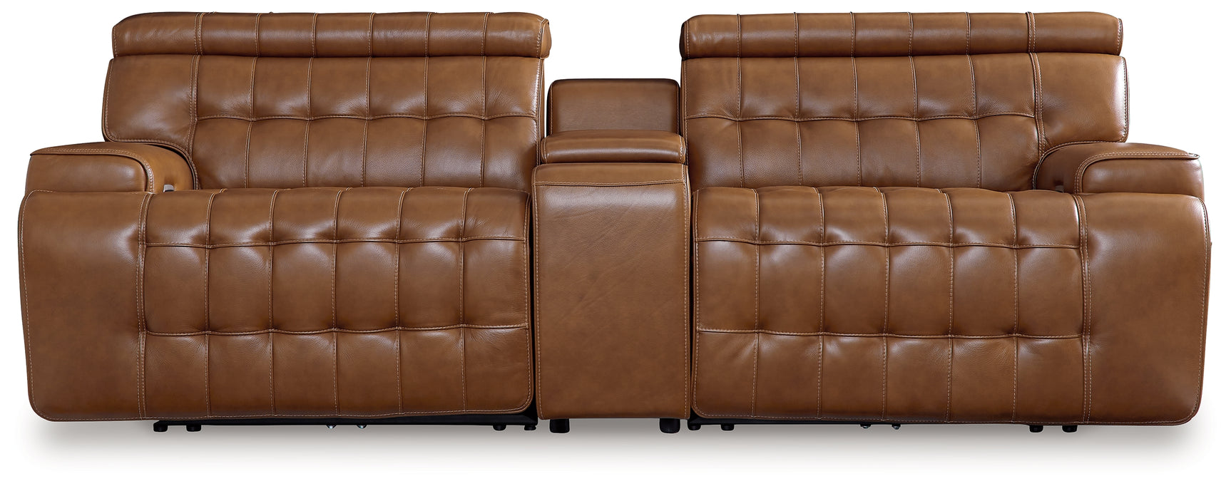 Power reclining sectional loveseat closeup showing leather upholstery and console features
