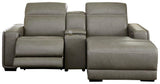 Correze Gray Power Reclining Sectional close-up on USB port and stitching details