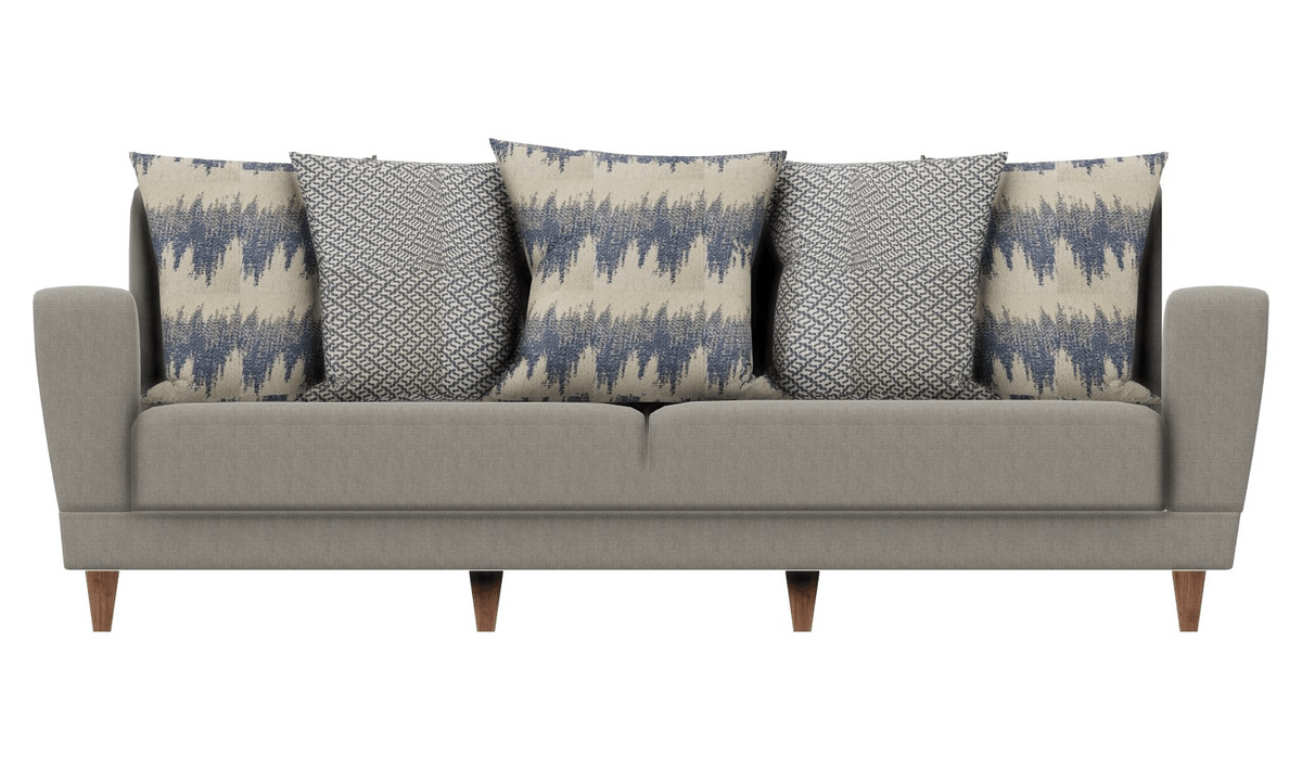 Dolce Padua cream and blue 3-seater sofa bed front view with walnut legs