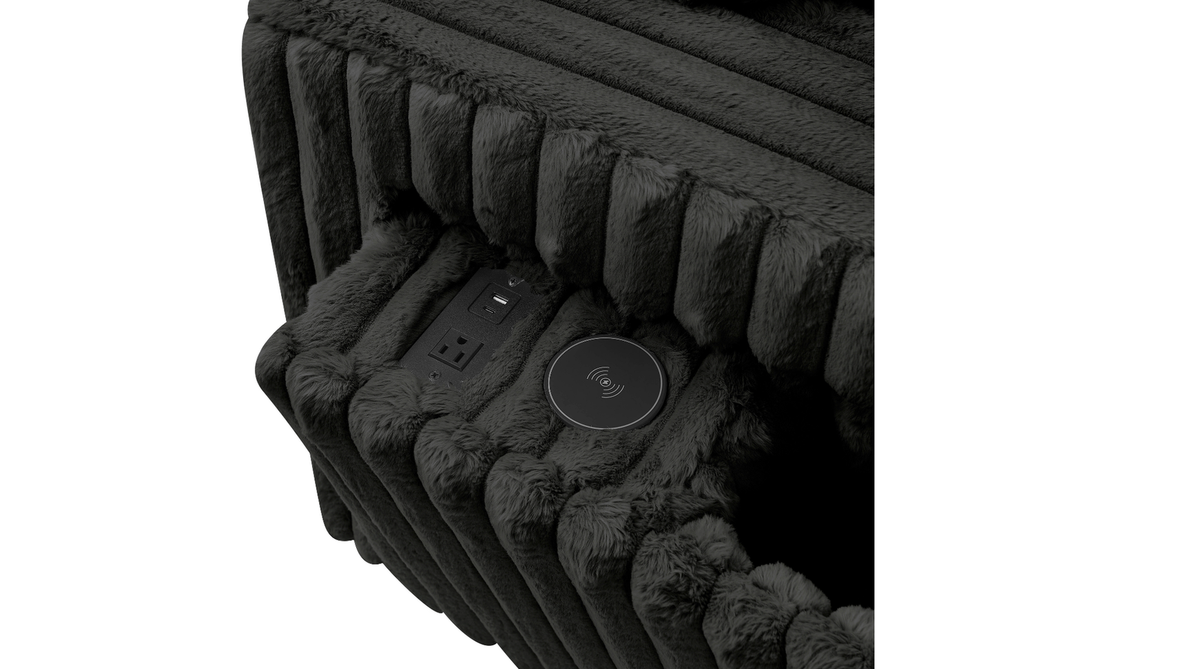 Close-up of Rana sectional wireless charging and USB ports