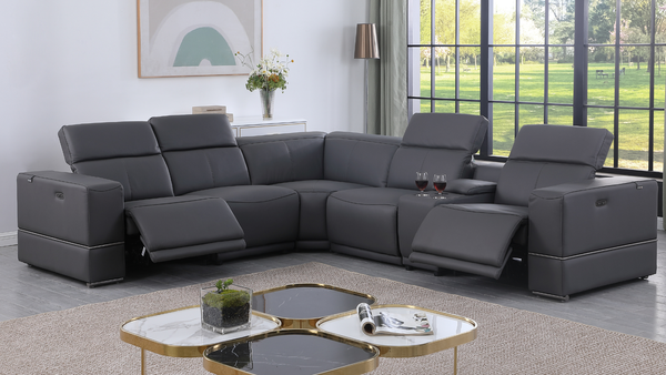 Franco 6-Piece Dark Grey Italian Leather Match Power Reclining Sectional with Storage Console and Cupholders from Decor Furniture