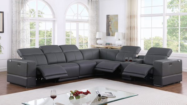 Franco 7-Piece Dark Grey Italian Leather Match Power Reclining Sectional with 3 Power Seats and Storage Console from Decor Furniture