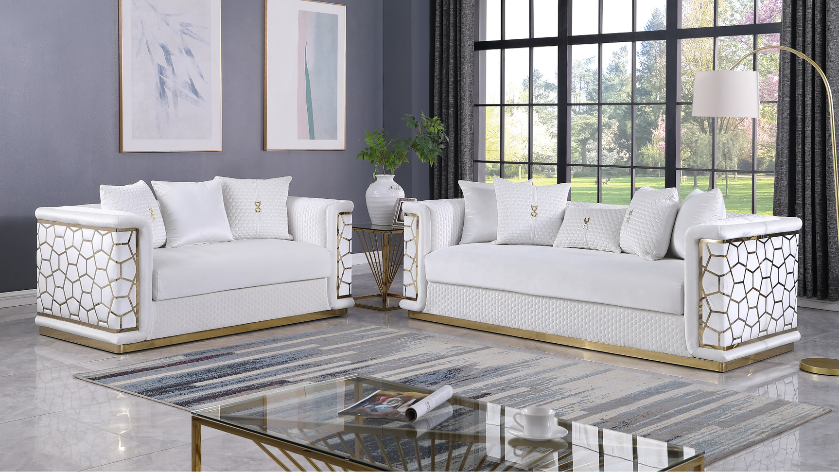 Stella White Sofa, Loveseat, and Chair Set with Pillows Included view 2