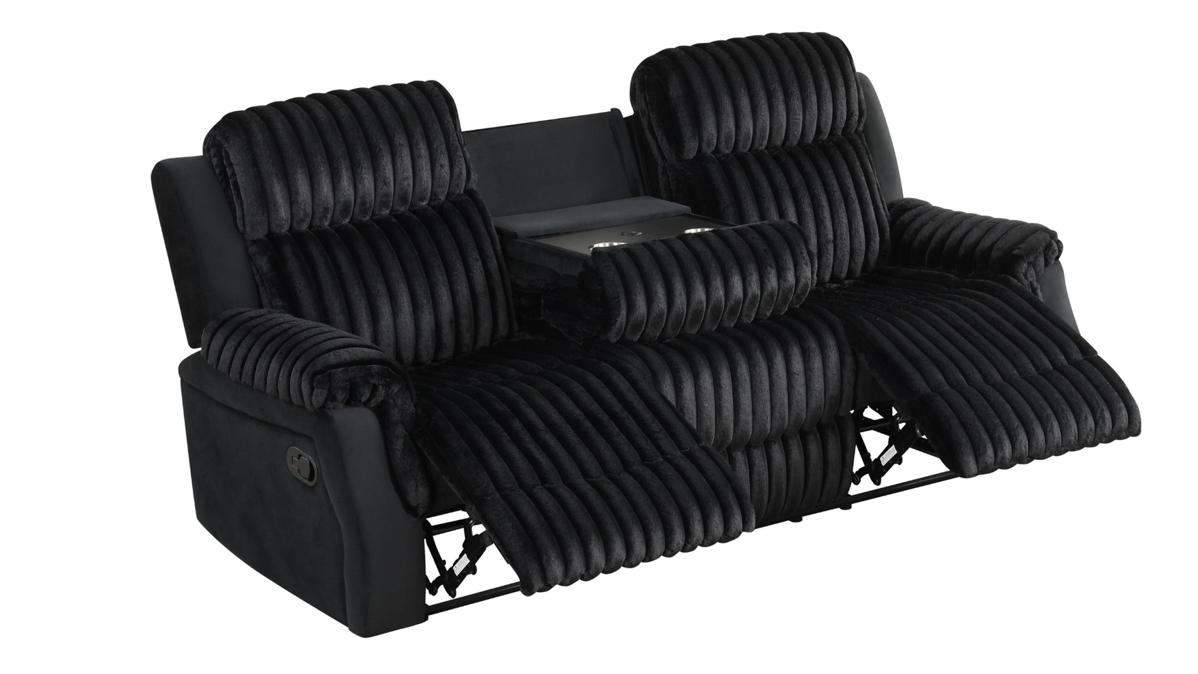 Willow Black reclining sofa with recliner engaged