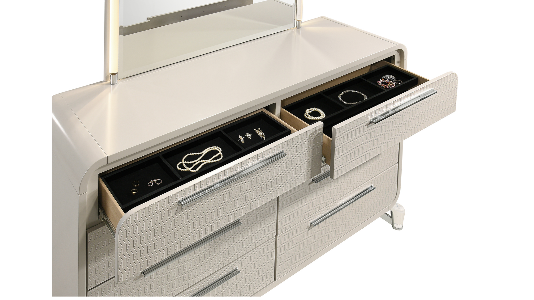 Delilah Beige Upholstered Bedroom Set with LED Mirror and USB Nightstand view 5