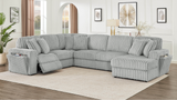 Rana grey reclining sectional side view showing power recliner and hidden storage