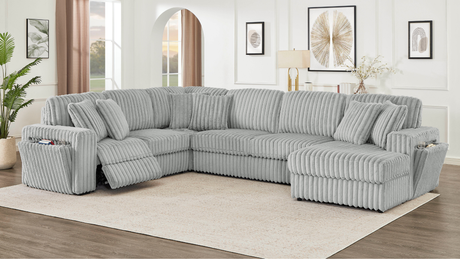 Rana grey reclining sectional side view showing power recliner and hidden storage
