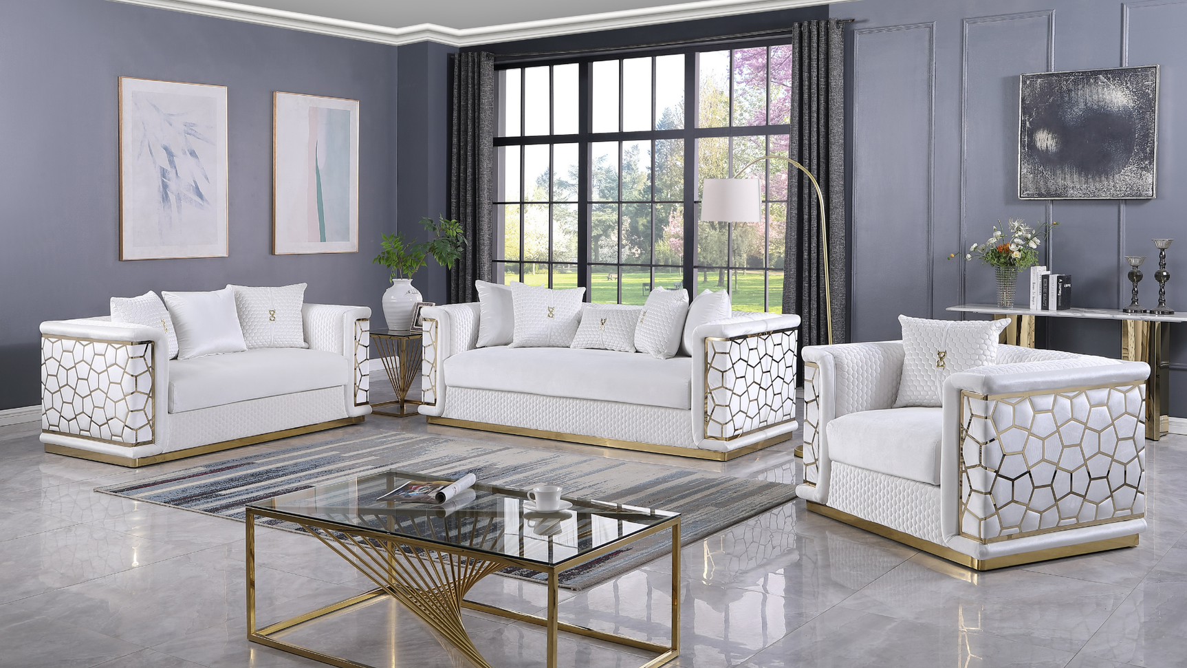 Stella White Sofa, Loveseat, and Chair Set with Pillows Included from Decor Furniture