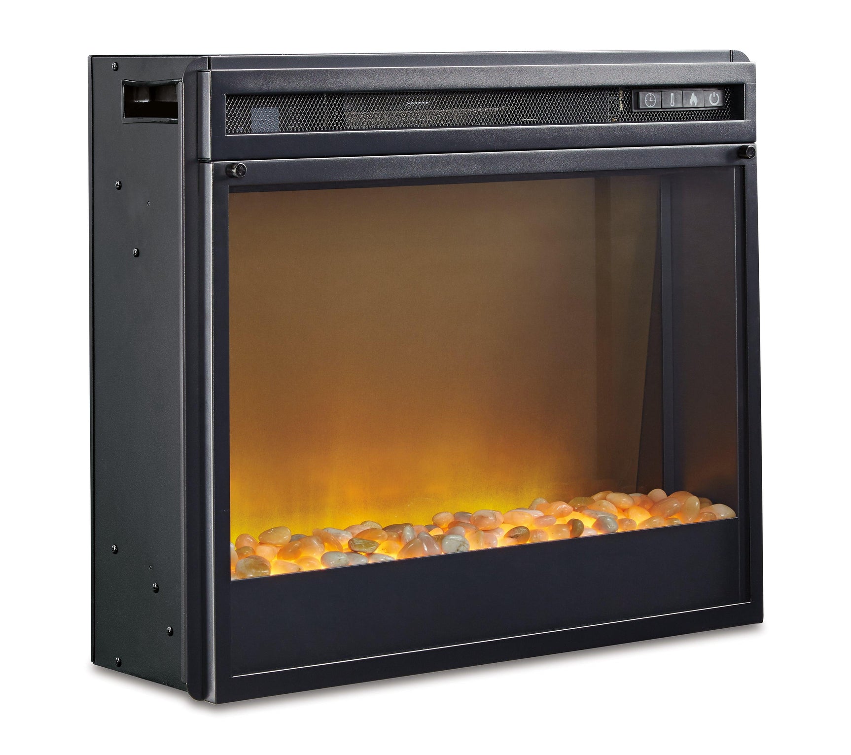 Electric fireplace insert with crushed glass and stones