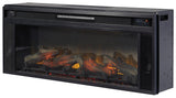 Electric fireplace insert angled off with cord visible