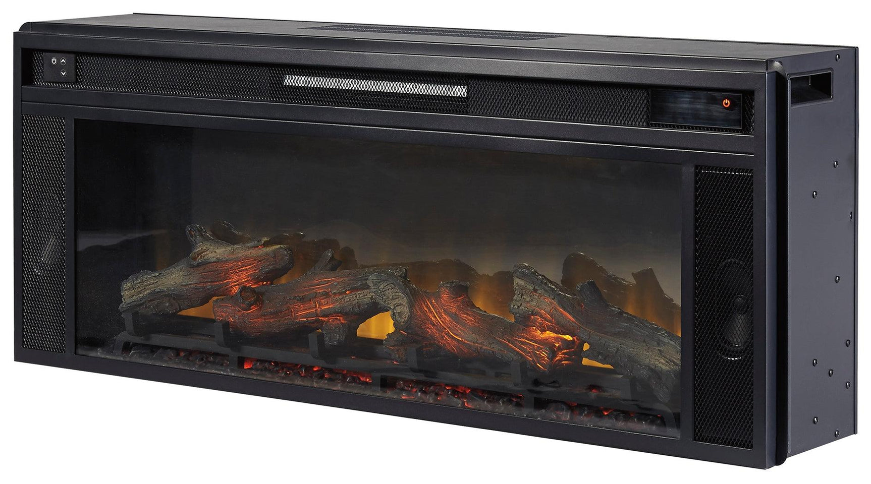 Electric fireplace insert angled off with cord visible