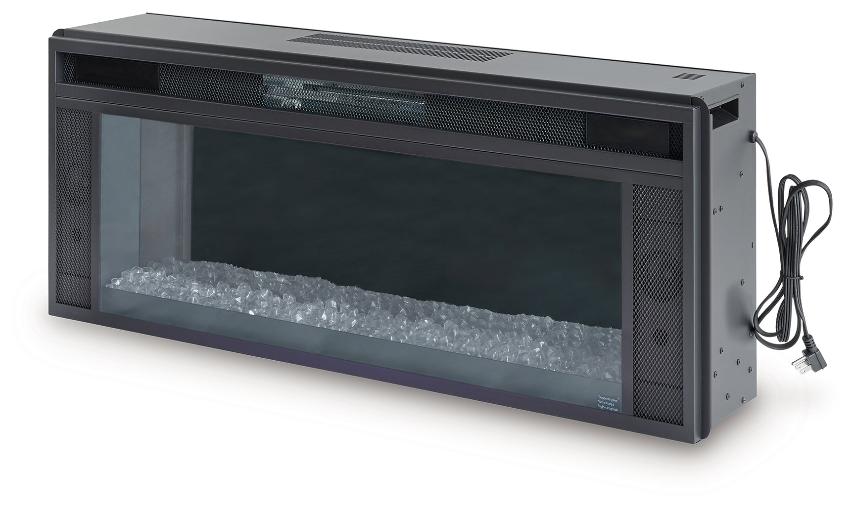 Black electric fireplace insert with faux birch logs front view