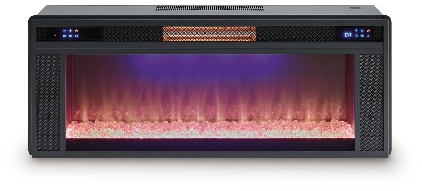 Black electric fireplace insert with faux birch logs front view