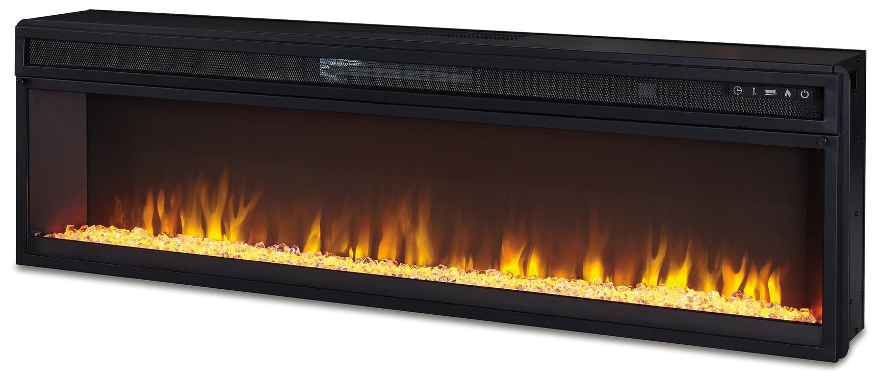 Alternate angle of black electric fireplace insert in contemporary setting