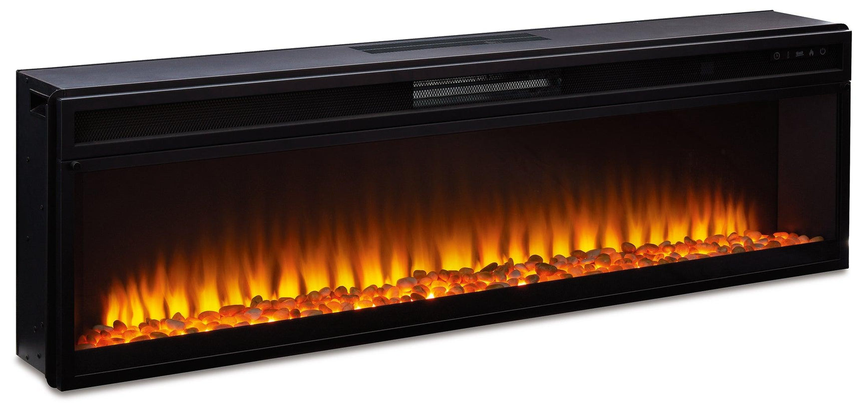 Close-up of natural rock and faux glass inserts in electric fireplace