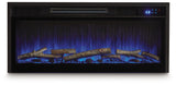 Electric fireplace insert head-on glowing blue flame