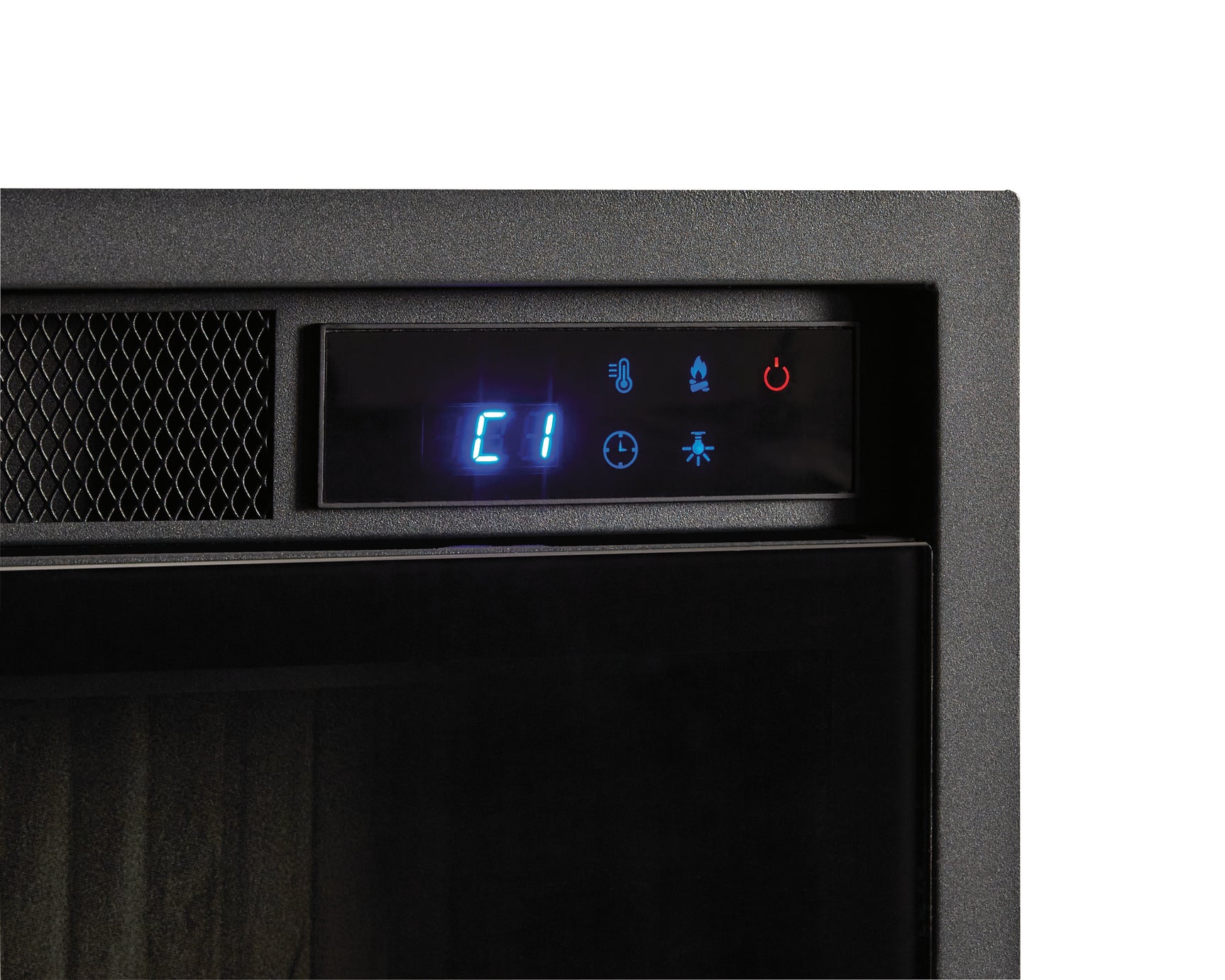 Touch button control panel on electric fireplace insert