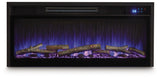 Electric fireplace insert head-on glowing cyan flame