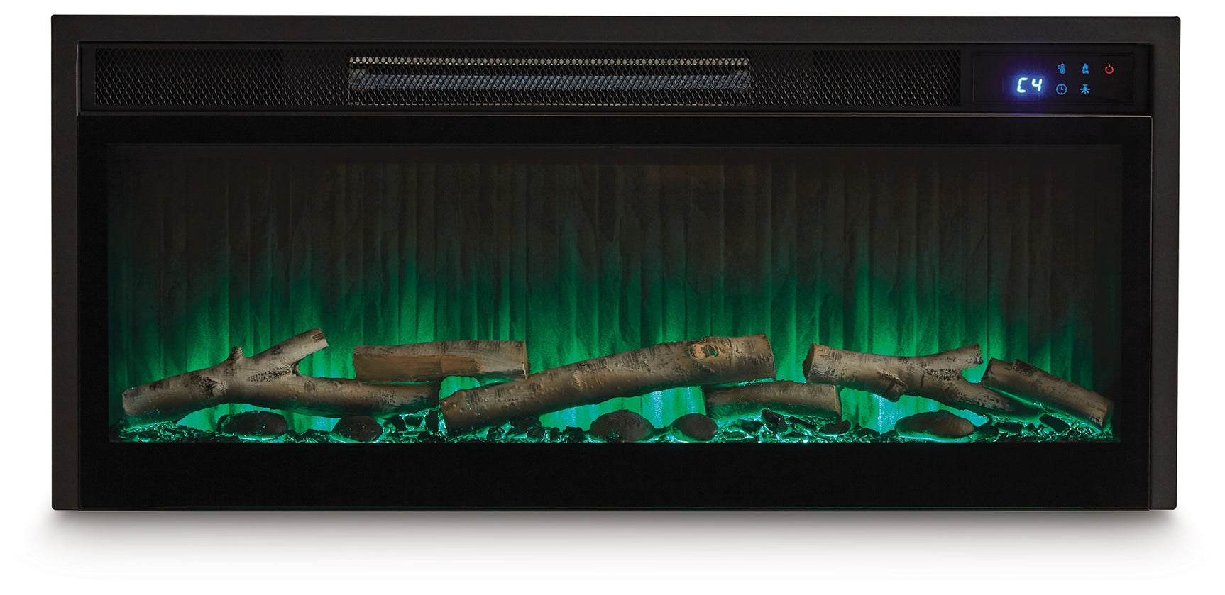 Electric fireplace insert head-on glowing green flame