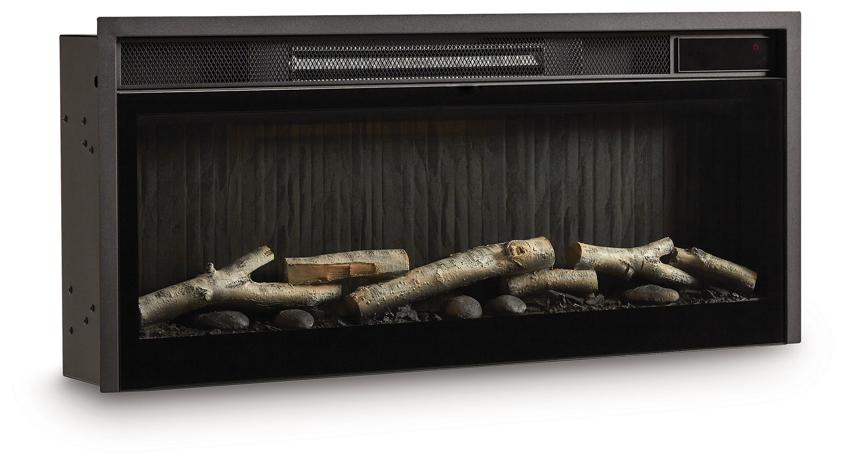 Fireplace insert showing multiple flame color options off angle