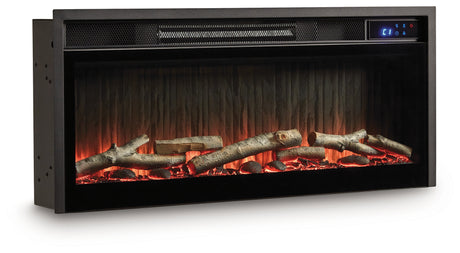 Black electric fireplace insert glowing orange flame angle
