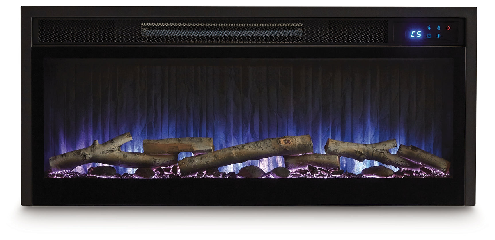 Electric fireplace insert head-on glowing white flame