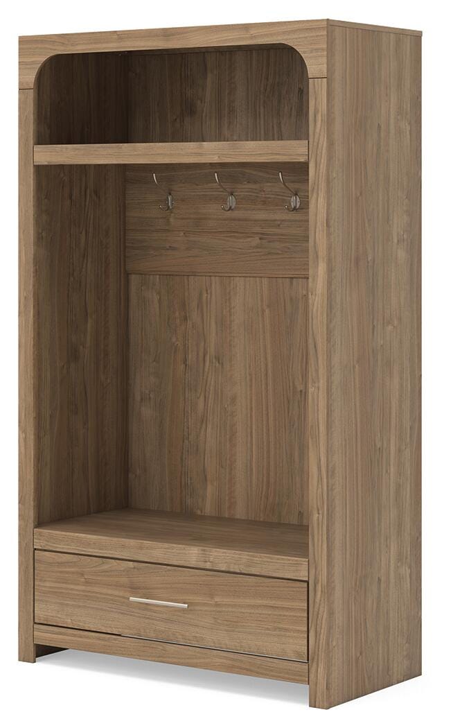 Dovander Brown Hall Tree with Storage Bench angled view