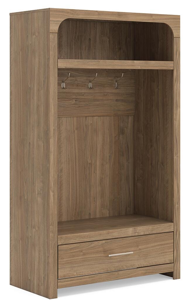 Dovander Brown Hall Tree with Storage Bench angled view