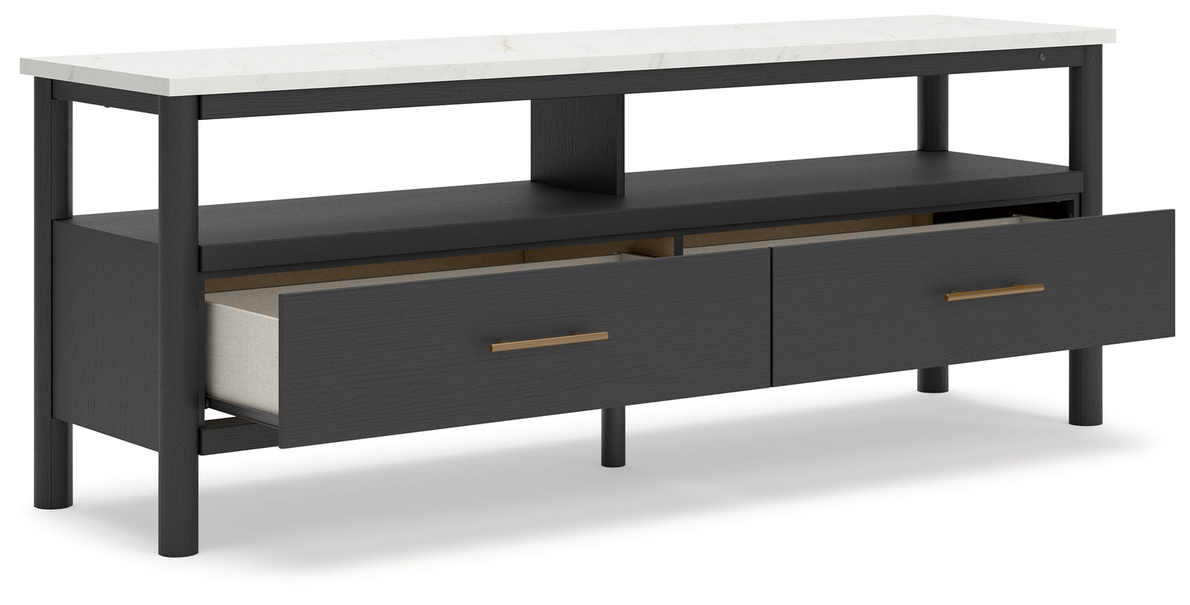 Open shelf and drawer details of Cadmori TV stand