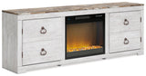 Side angle detail of Willowton Whitewash TV Stand with Electric Fireplace