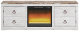 Close-up front detail of Willowton Whitewash TV Stand with Electric Fireplace