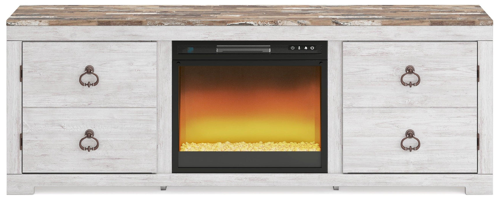 Close-up front detail of Willowton Whitewash TV Stand with Electric Fireplace