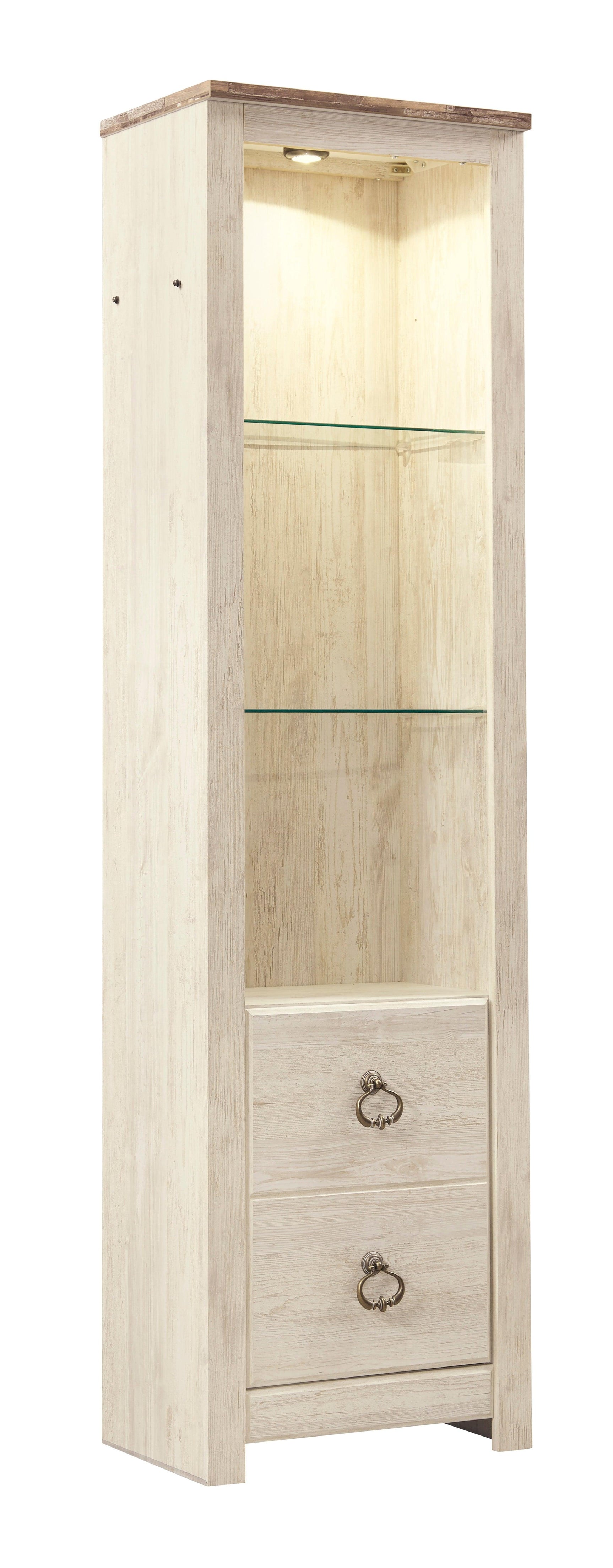 Pier with LED glass shelves and cabinet storage