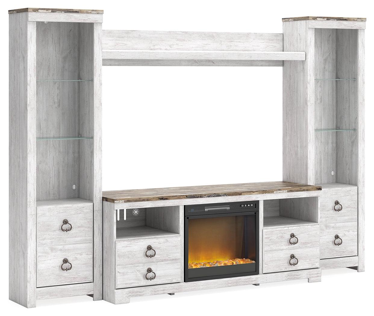 Willowton Whitewash 4-Piece Entertainment Center with Electric Fireplace, side view showing glass shelves and LED lighting