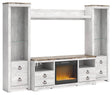 Willowton Whitewash 4-Piece Entertainment Center with Electric Fireplace, front angle