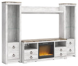 Willowton Whitewash 4-Piece Entertainment Center with Electric Fireplace, front angle