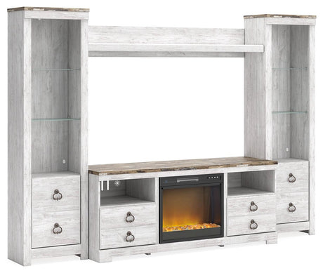 Willowton Whitewash 4-Piece Entertainment Center with Electric Fireplace, front angle